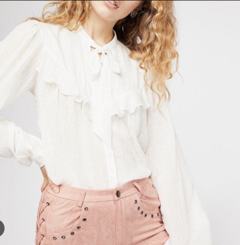 FREE PEOPLE White Ivory Blissful Beginnings Swiss Dot Cottage-core Blouse Top S